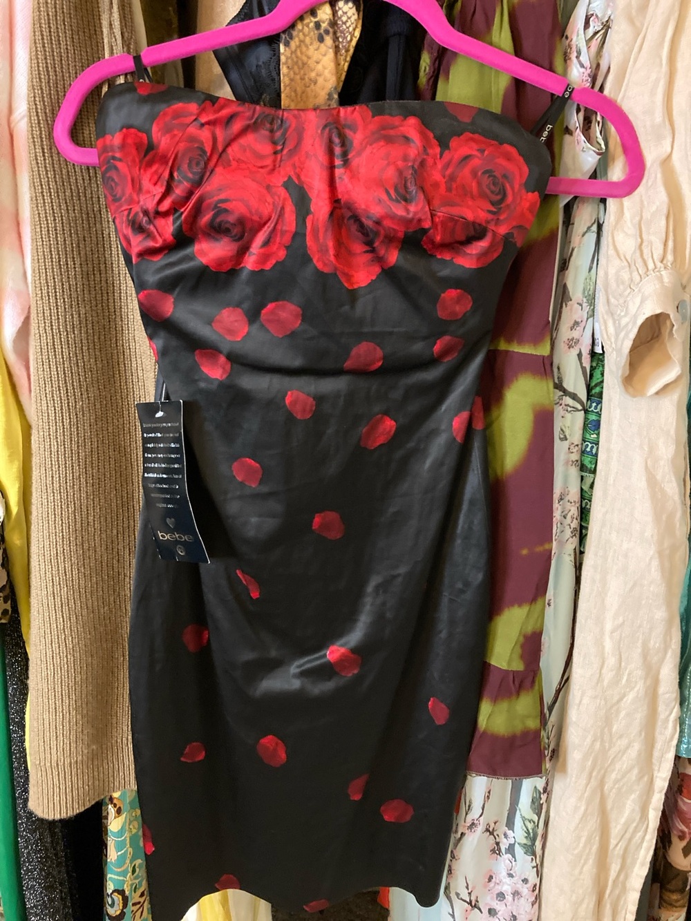 bebe Black Strapless Rose-Print Cocktail Dress with Red Accents